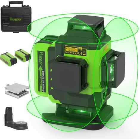 Huepar Livella Laser 4x360 Autolivellante 16 Linee Raggio Verde 4D Cross Line Strumento Laser per Piastrelle per Pavimenti-2 Linee Laser Orizzontali e 2 Linee Laser Verticali x 360 con Due Batterie ag