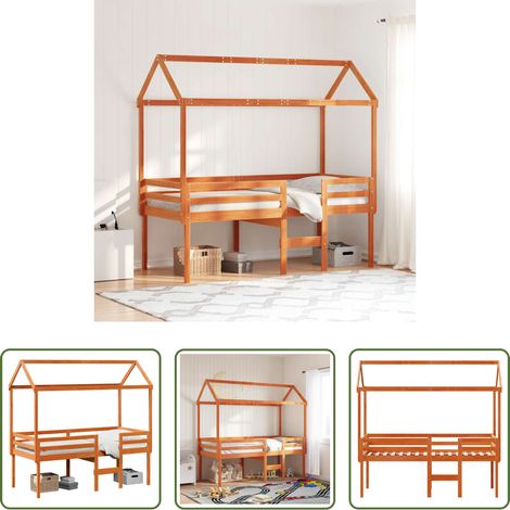 vidaXL Hochbett für kleine Räume - Hochbett mit Dach Wachsbraun 80x200 cm Massivholz Kiefer (1/5)