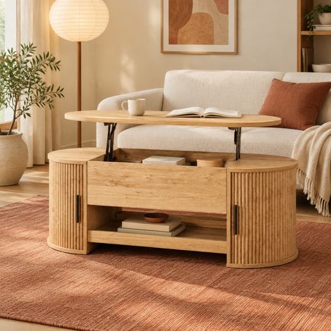 Table basse relevable 110 x 55 x 55 cm en MDF, avec rangement caché, portes coulissantes latérales et tablette extractible, design rainuré bois clair pour salon - CHICFURN (1/5)