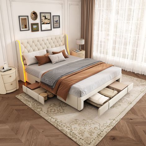 Lit Rembourré Double 160x200cm, lit Coffre Capitonné avec 3 tiroirs, Tête de avec Éclairage LED, Sommier à Lattes, Velours, Beige