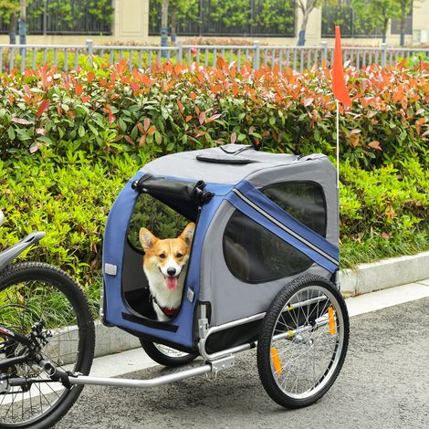Remorque vélo pour chien animaux 8 réflecteurs drapeau barre attelage inclus acier polyester imperméable max. 30 Kg 130Lx73lx90H cm bleu