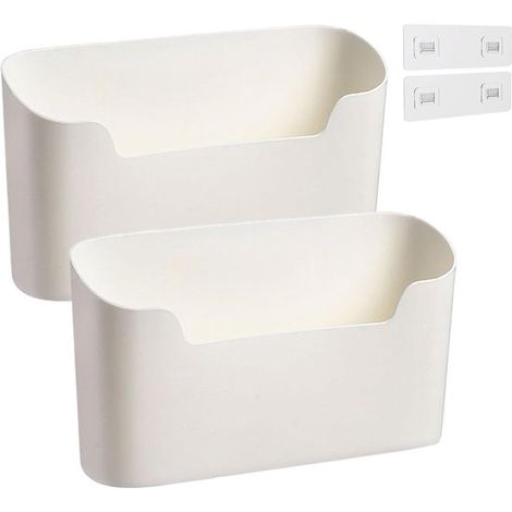 Lot de 2 bacs de rangement auto-adhésifs Longziming - Organisateur mural - Plastique - Étagère de rangement - Pour porte de placard, cuisine, salle de bain, salon - Blanc - 23,4 x 6,8 x 10,8 cm (1/5)