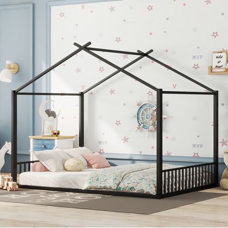 Lit enfant métal noir 140x200 cm forme maison avec sommier à lattes (1/5)