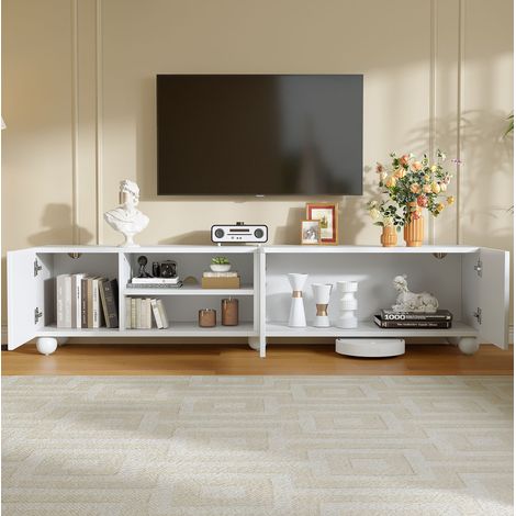 Meuble TV 200x40x44 cm blanc en panneau de particules avec 3 portes imprimées et rangement ouvert (1/5)