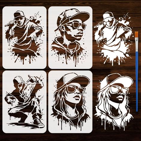 4Pcs Pochoir de Peinture de Personnage de Graffiti Hip Hop Avec Pinceau 21x29.7cm 4 Styles Modèle Dessin de Personnage de Rappeur Pochoir Décor pour Peinture sur Bois Mur Tissu Meubles (1/5)