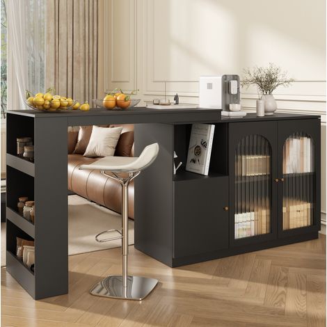 Bartisch MDF Schwarz 120x40x97 cm, 360° drehbar, mit Glastür und Stauraum (1/5)