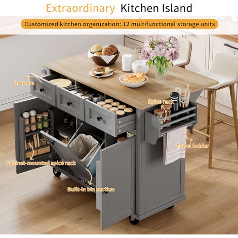 Îlot de cuisine avec des roulettes. Zone de repas amovible. Îlot de cuisine équipé d’espace pour les déchets et de tiroirs. Îlot de cuisine mobile. Parfait pour la cuisine et le salon (couleur grise). (1/5)