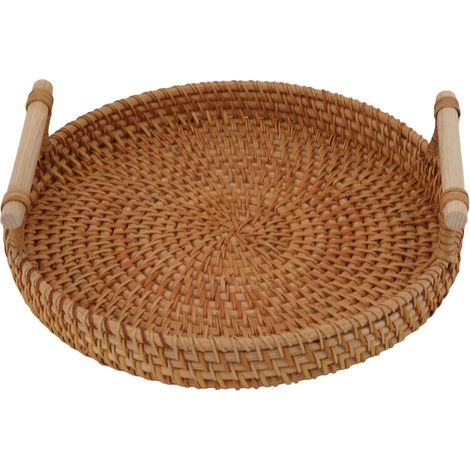 Obsttablett aus Rattan mit Griffen aus Massivholz, exquisites handgeflochtenes rundes Serviertablett zur Aufbewahrung und Präsentation von Brot und Obst (1/5)