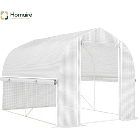 HOMAIRE Gewächshaus Folien 3x2x2m avec 4 fenêtres, porte et murs latéraux déroulables, tunnel UV-résistant à cadre en acier zingué blanc