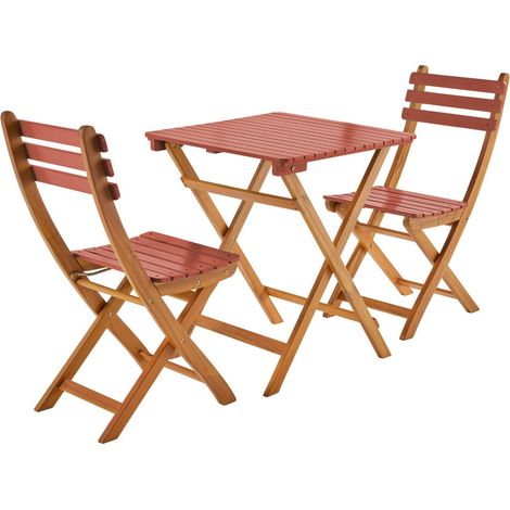 Acacia wood garden table, 2 folding chairs Terracotta 60x60x8 cm - Hilora