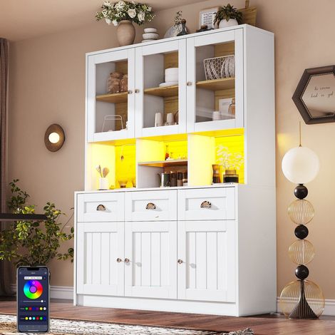Buffet de cuisine 140×40×175 cm – Armoire haute avec étagères réglables, vitrine et sideboard LED –Meuble de rangement portes et tiroirs – pour cuisine, salon ou salle à manger (1/5)