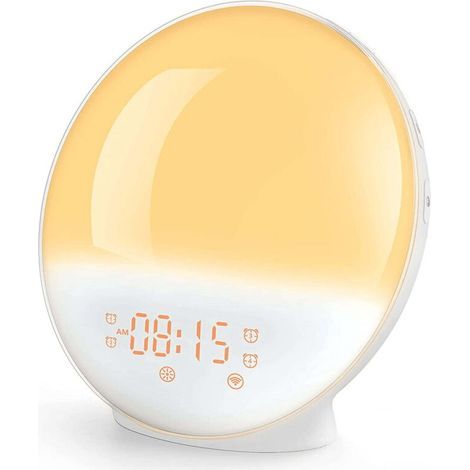 Sonnenaufgangswecker mit Lichttherapie (10.000 Lux), Weißrauschgenerator zur Förderung des Schlafs, 11 Beleuchtungsmodi, Doppelalarm und Schlummerfunktion.