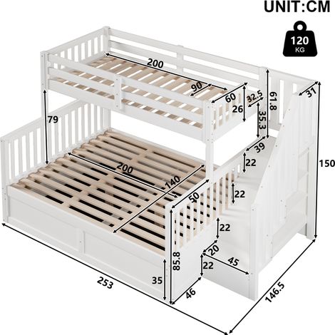 Lit superposé 90x200 + 140x200 cm, avec échelle de rangement, mécanisme hydraulique, sans matelas, blanc (1/5)