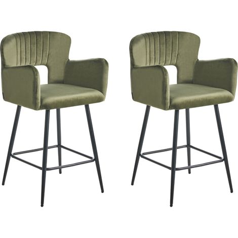 Conjunto de 2 sillas de bar modernas asiento de terciopelo con reposabrazos respaldo acolchado verde oliva Sanilac (1/5)