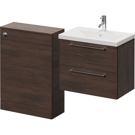 Napoli 390 Cento Brown Oak 1200mm Wall Mounted 2 Drawer Vanity Unit and Toilet Suite with Glide Basin - 1200mm - Chrome 320mm HandleWithout Kingston Toilet Pan