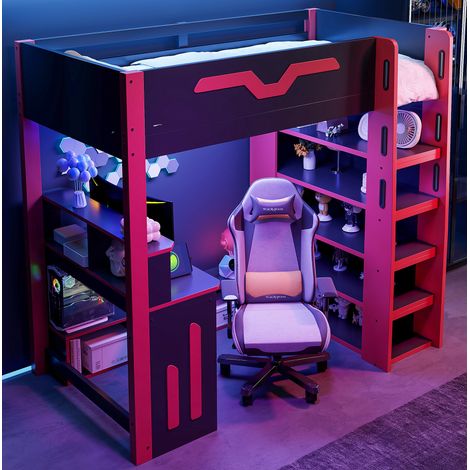 lit chambre rangement bureau 90x200 bois noir rouge OKMYHOME (1/5)