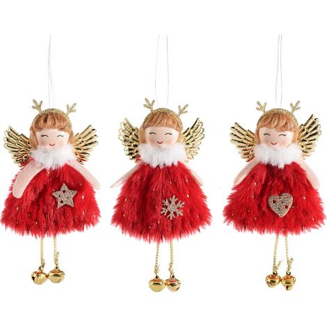 Angeli gambelunghe abito in eco-fur, con ali e decori dorati a cuore stella e fiocco di neve da appendere all'albero, set da 12 pezzi, cm 7 x 14 H