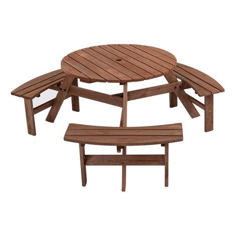 BIRCHTREE Garden Picnic Bench Wooden Round Table Patio Set 6 Seat Outdoor Brown