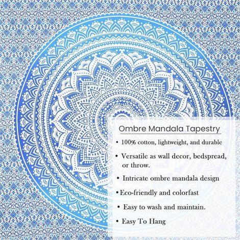 Tapisserie Murale - Mandala - Coton 100 % - Dimensions 75 x 100 cm - Bleu et Blanc - 1 Pièce (1/5)