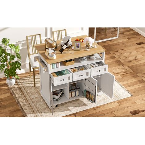 Îlot de cuisine moderne (118×43×98cm) meuble de rangement avec placards, table roulante à roulettes, finition bois, compartiments polyvalents amovibles, porte-serviettes, blanc (1/5)