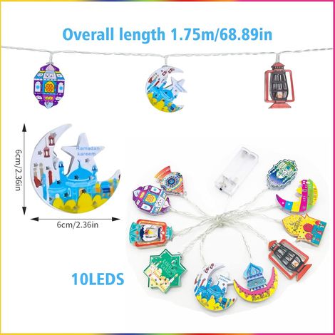 Ramadan-Lichterketten, 10 batteriebetriebene LED-Lichter in Mond- und Sternform, Ramadan-Dekorationen, bunte LED-Lichterketten als Eid-Mubarak-Dekoration, für muslimische Partys im Freien