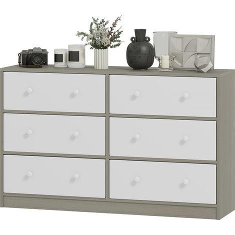 Commode à 6 tiroirs pliants avec double poignée, en bois, acier et tissu, 114 x 30 x 70 cm, blanc et gris