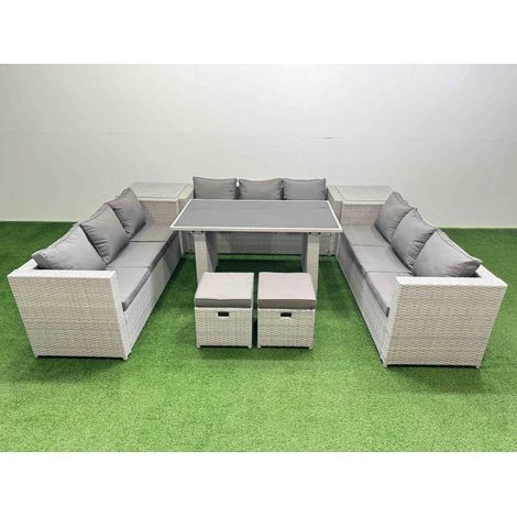Fimous Patio Outdoor Garden Furniture Sets with Black Glass Top Dining Table 3 Seater Sofa 2 Side Tables 2 Small Stool Light Grey (1/5)