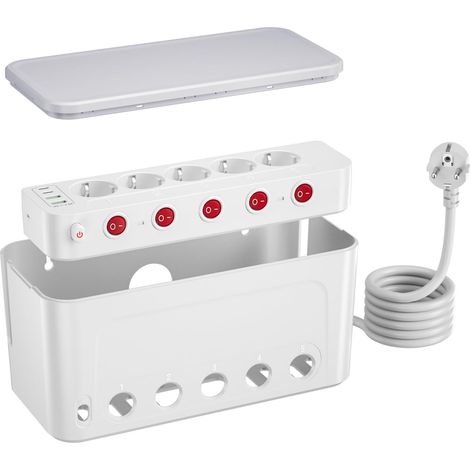 Multiprise USB C avec Boite de Rangement Cable, Grande Boîte Cache Câble Prise Multiple avec Interrupteur Individuel,Cache Multiprise 5 Prises Parafoudre,Gestion Range-câbles Box,Rallonge 1,5M,Blanc (1/5)