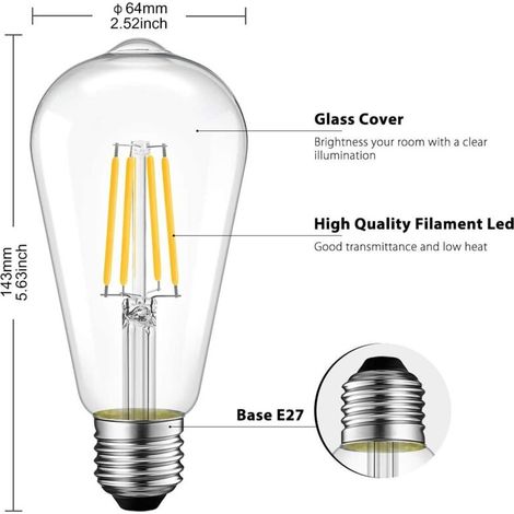 [6pcs] ampoule à filament led e27 4W vis lumière chaude transparente (3000K)