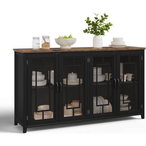 Buffet de Cuisine Moderne 160cm, Meuble de Rangement avec Portes en Verre et Aspect Bois Rétro, Buffet Salle à Manger et Salon, Anti-basculement (1/5)