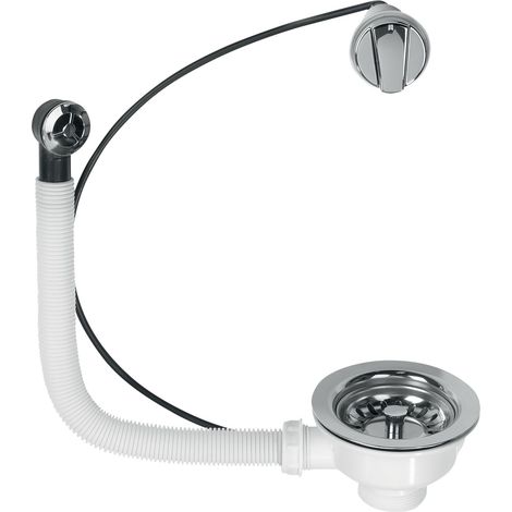 Wirquin – Bonde d’évier ø90 avec trop-plein externe – Plastique et métal – Pour évier inox, grès ou synthèse – Commande à câble
