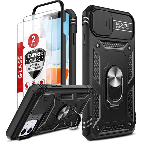 Coque pour iPhone 11 avec [2 Verre Trempé], Support 360° Rotatif Full Protection de la Caméra en PC Dur Anti-Chut Renforcée Armor Heavy Duty Antichoc Bumper Etui pour Apple iPhone 11 Noir (1/5)