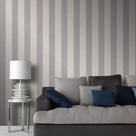 Papier peint à rayures beige & gris irisé | Tapisserie chambre adulte à rayures beige & grise | Papier peint intissé rayé salon (1/3)