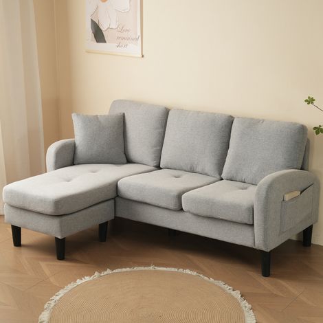 Canapé d’angle 3 places gris 166x118x77 cm, canapé en L modulable avec méridienne réversible, tissu coton lin, coussins, petit salon appartement (1/5)