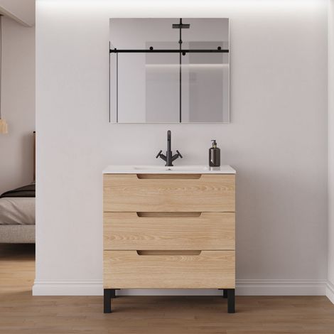 Meuble de salle de bain 70cm simple vasque - 3 tiroirs - roble era (chêne clair) - RIZA (1/5)