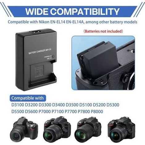Caricabatterie rapido MH-24 EN-EL14 EN-EL14A per Nikon D3100 D3200 D3300 D3400 D3500 D5100 D5200 D5300 D5500 D5600 P7000 P7100 P7700 P7800 D850, adattatore CA, alimentatore per fotocamera DSLR (1/5)