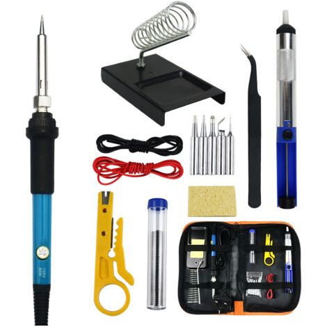 Coffret de 15 fers à souder électroniques, outil de soudage à température réglable de 60 W, 5 pannes à souder, pompe à dessouder, support de fer à souder, pincettes (1/5)
