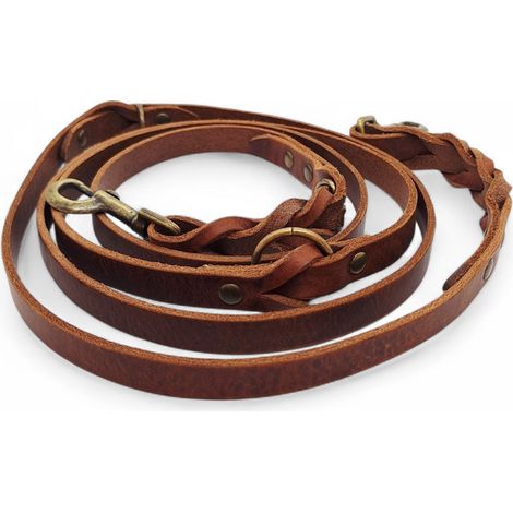 Laisse Réglable pour Chien en Cuir Pleine Fleur Tressé Twisted Switch Marron 220 cm - PANGIVO