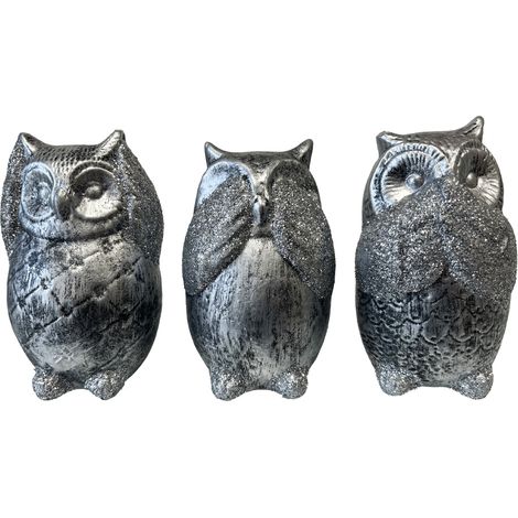 Statues en céramique trio de hiboux argent pailleté (1/4)