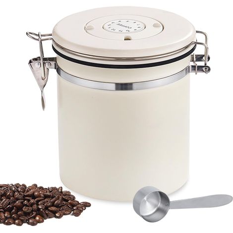 Boîte à café Hermétique, Boîte à Café Hermétique en acier Inoxydable, pour Café en Grains, Noix, Cacao et Sucre, avec Cuillère Doseur (Beige) (1/5)