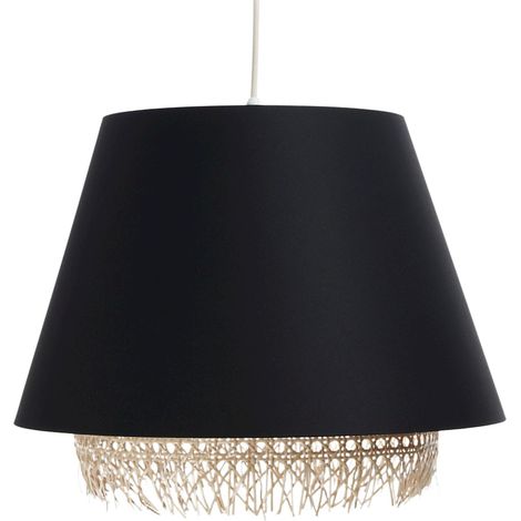 Suspension Extérieur en tissu satiné noir avec rotin naturel, intérieur crème (1/5)