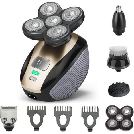 Rasoir électrique 5 en 1 pour homme avec tondeuse, tondeuse à nez, brosse, masseur, rasoir de voyage portable, idée cadeau pour homme (marron) (1/4)