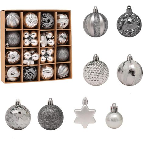 Lot de 42 boules de Noël en plastique - Décoration à suspendre - Pour décoration de sapin de Noël - Gris argenté (1/5)