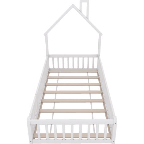 Cama cabaña infantil 90 x 200 cm con forma de chimenea, madera de pino, blanca (1/5)