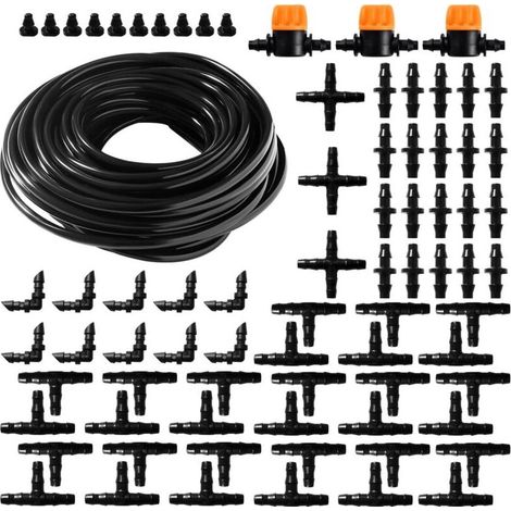 Kit d'irrigation goutte à goutte 77 pièces 4/6 mm, tuyau d'irrigation de 15 m, avec raccords cannelés droits, connecteurs en T et bouchons d'extrémité, pour jardin et plantes (1/5)