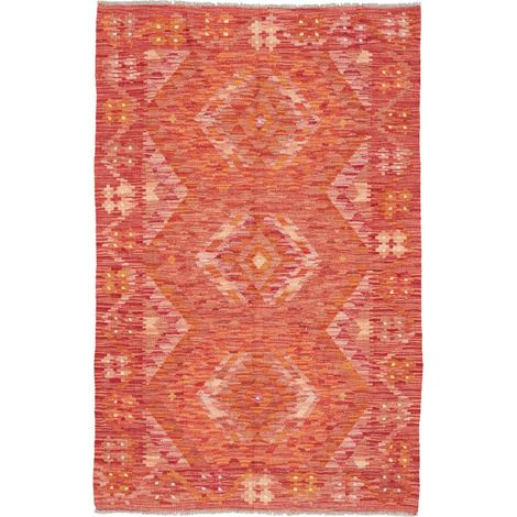 Tapis d'orient 96 x 152 cm, motif géométrique, rouge, orange, rose, en laine, tissé à la main au Pakistan (1/5)