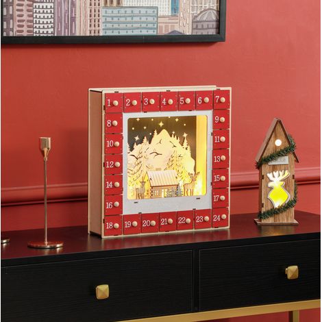 Calendario dell'Avvento da riempire con 24 cassetti, LED, MDF, rosso 34 x 7 x 34 cm DESVIAE (1/5)