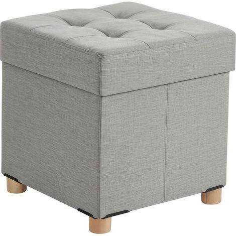 Relaxdays storage stool, upholstered, HxWxD: 38 x 38 x 38 cm, linen effect, wooden legs, square footrest, light grey