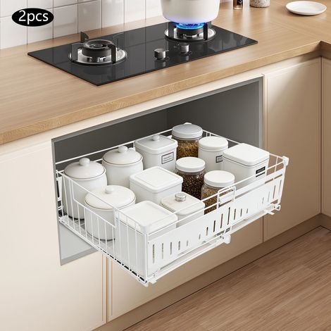 2 tiroirs coulissants, support de rangement coulissant pour armoires de cuisine, support de rangement coulissant pour armoires de cuisine, blanc, 39 (profondeur) × 16.5 (hauteur) × 32,5-49.5 (largeur) (1/5)