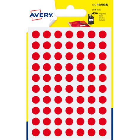 Packung mit 6 Bögen runder roter Gummietiketten mit 8 mm Durchmesser avery psa08r